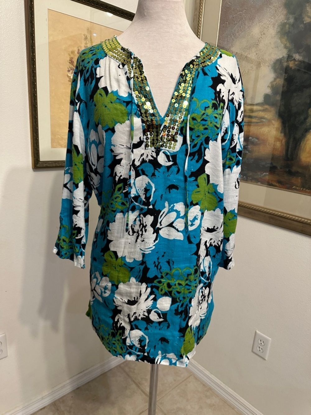 Saint Tropez West Women Tropical Linen Tunic w/Sequin Embellishments Size 1X